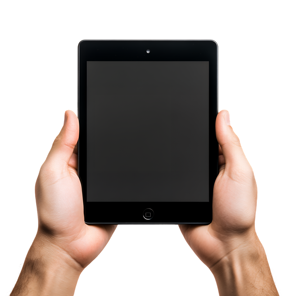 Hands holding a tablet computer with a blank screen png