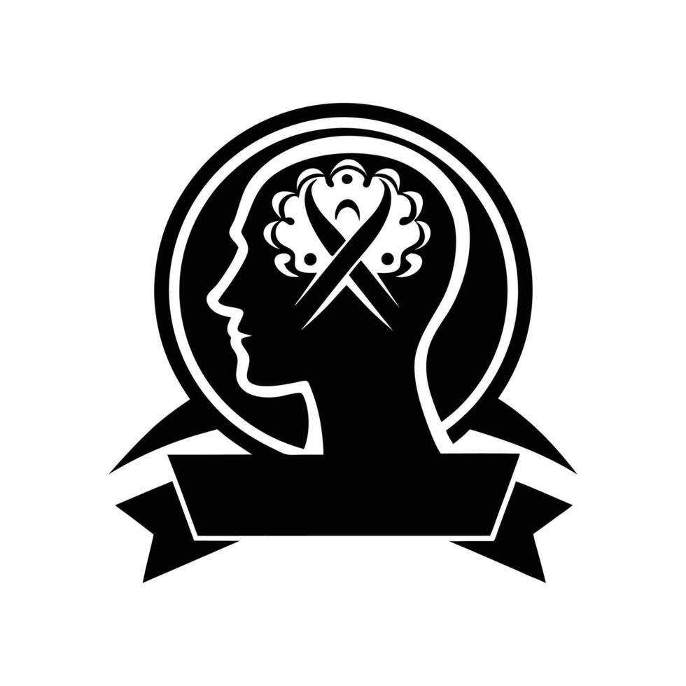 A black and white logo of a man's head with ribbon vector