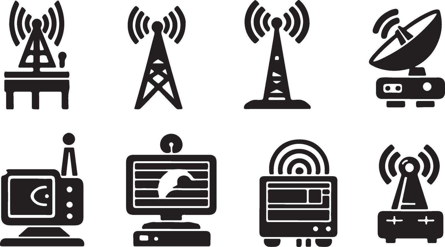 radio and television icons set, black and white illustration vector