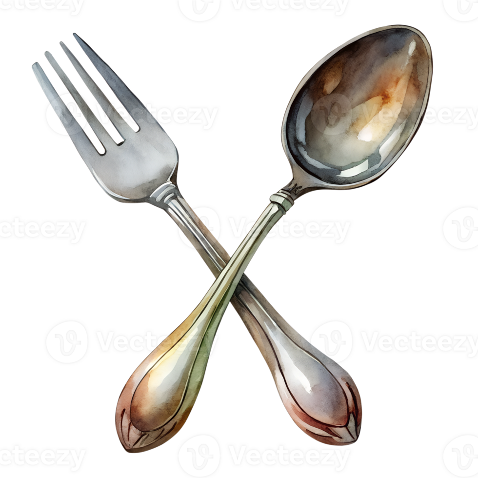 Watercolor hand drawn Spoon and fork isolate on transparency background png