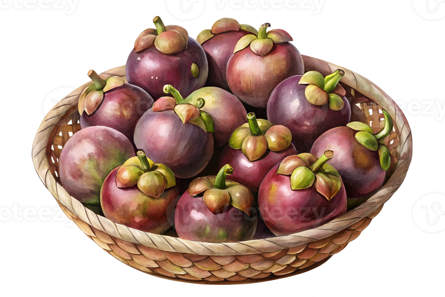 Watercolor hand drawn Lots of mangosteen in a basket isolate on transparency background png