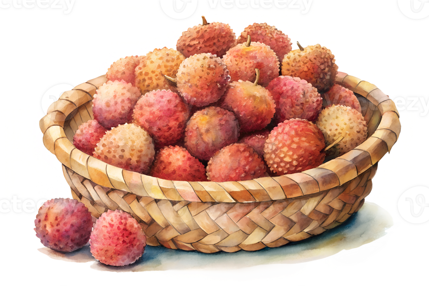 Watercolor hand drawn Lots of lychee in a basket isolate on transparency background png