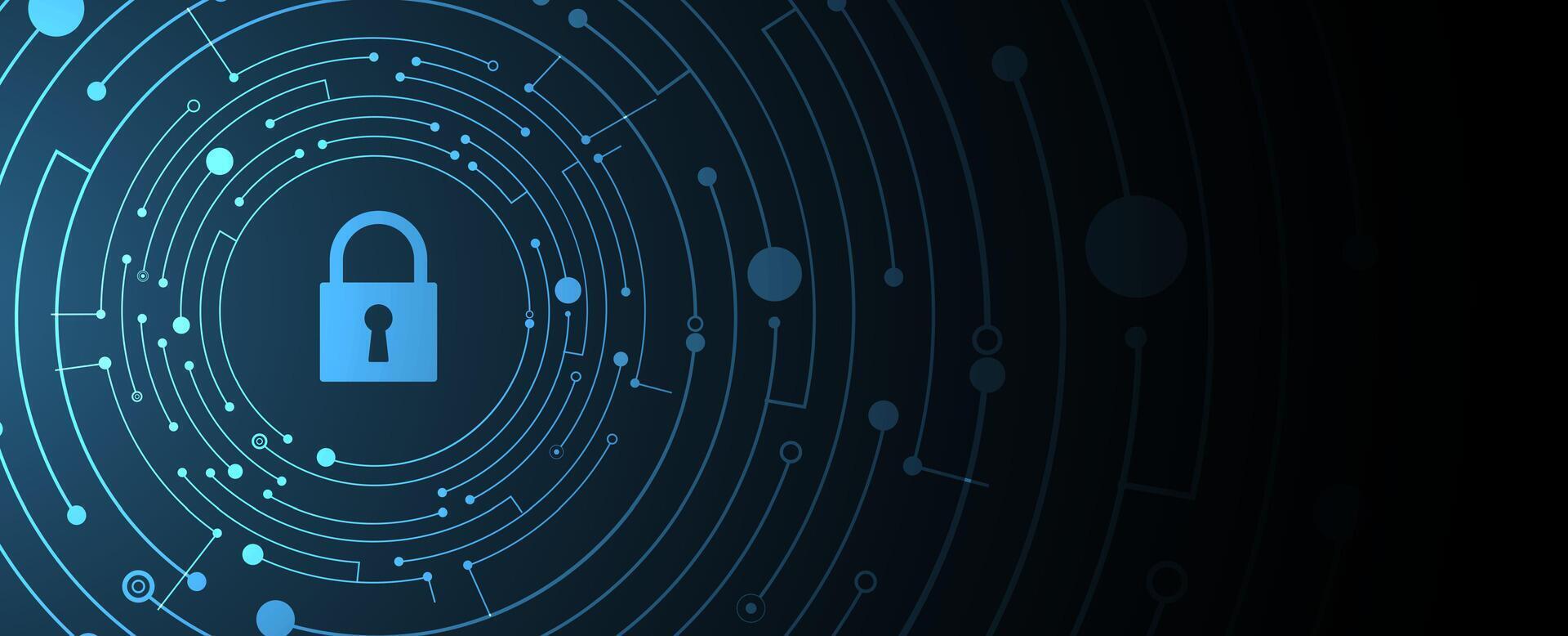 A blue padlock surrounded by circles and dots vector