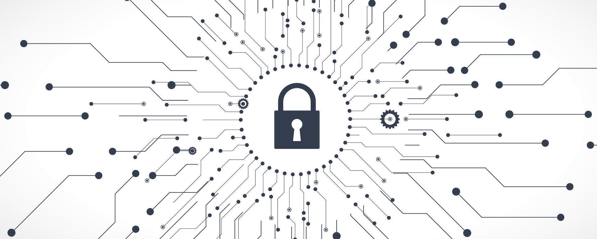 An illustration of a padlock surrounded by a circle of electronic circuits vector