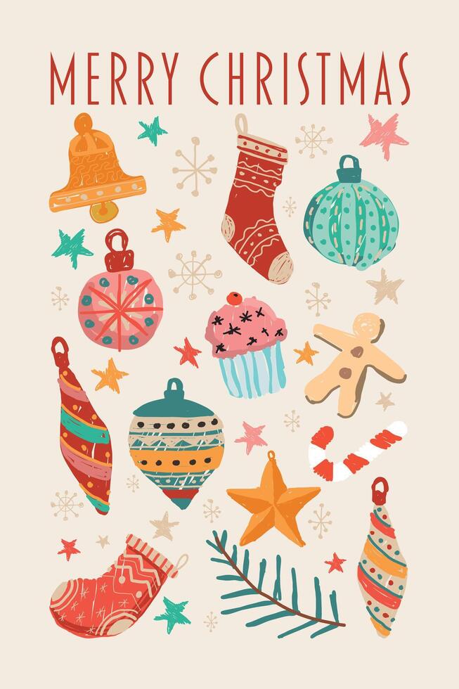 Christmas elements hand drawn childish style on light brown background graphic illustration. Merry Christmas greeting card vertical template. vector