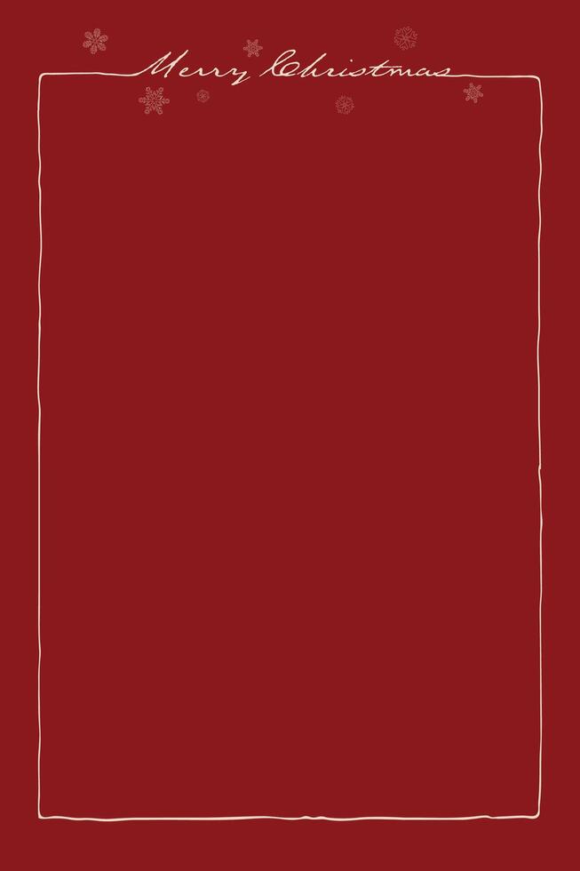 Merry Christmas rectangle frame with snowflake hand drawn childish style on red background graphic illustration. Merry Xmas greeting card vertical template. vector