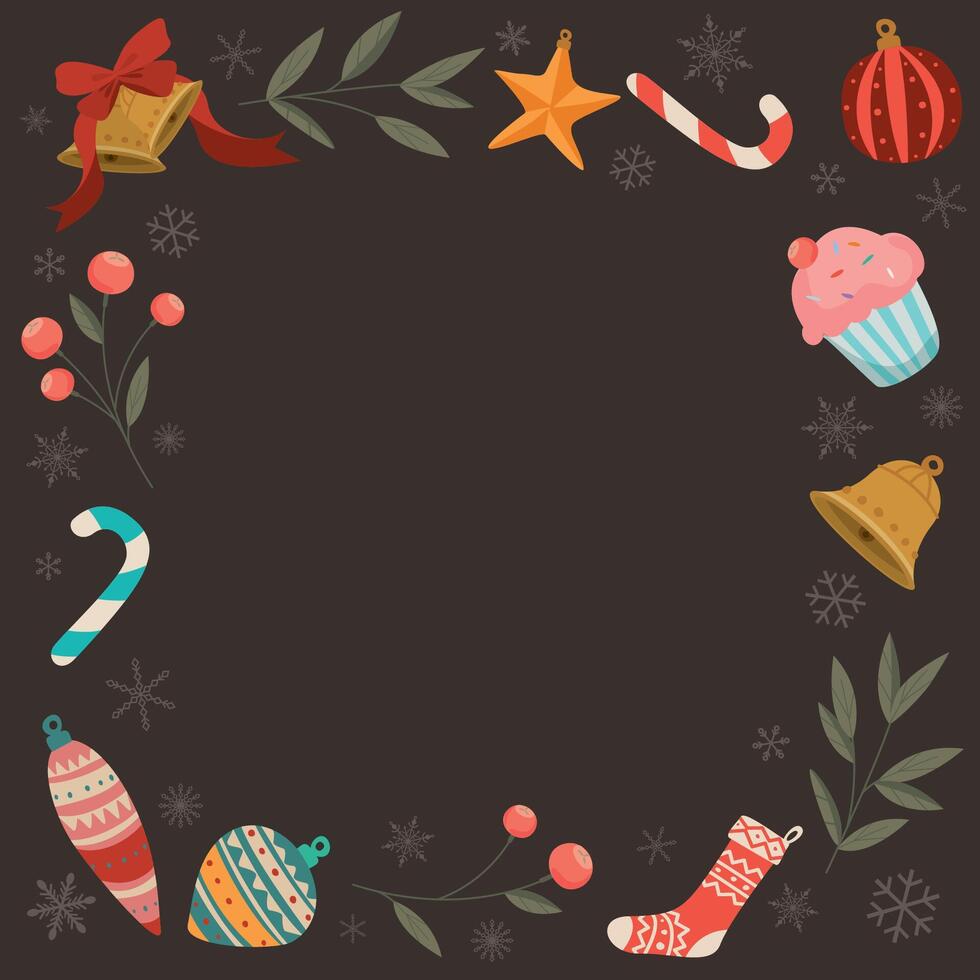 Christmas elements doodle line childish style as a frame on brown background graphic illustration. Merry Christmas greeting card square template. vector