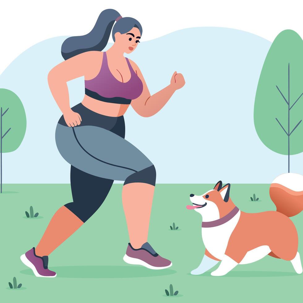Body positive concept showcasing an attractive plus size woman engaging in sport exercises with her adorable dog vector