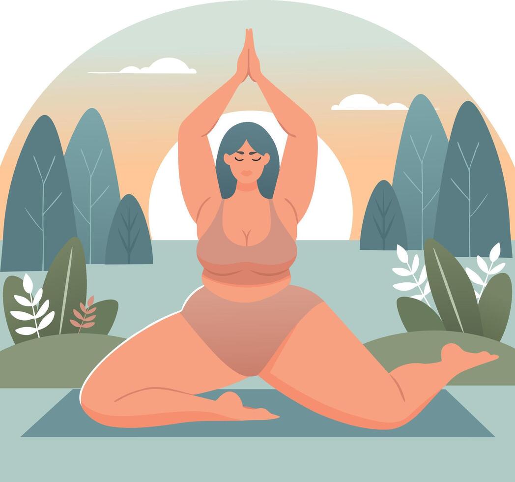 Plus size female doing a yoga poses in tranquil setting. She radiates body positivity and self acceptance vector