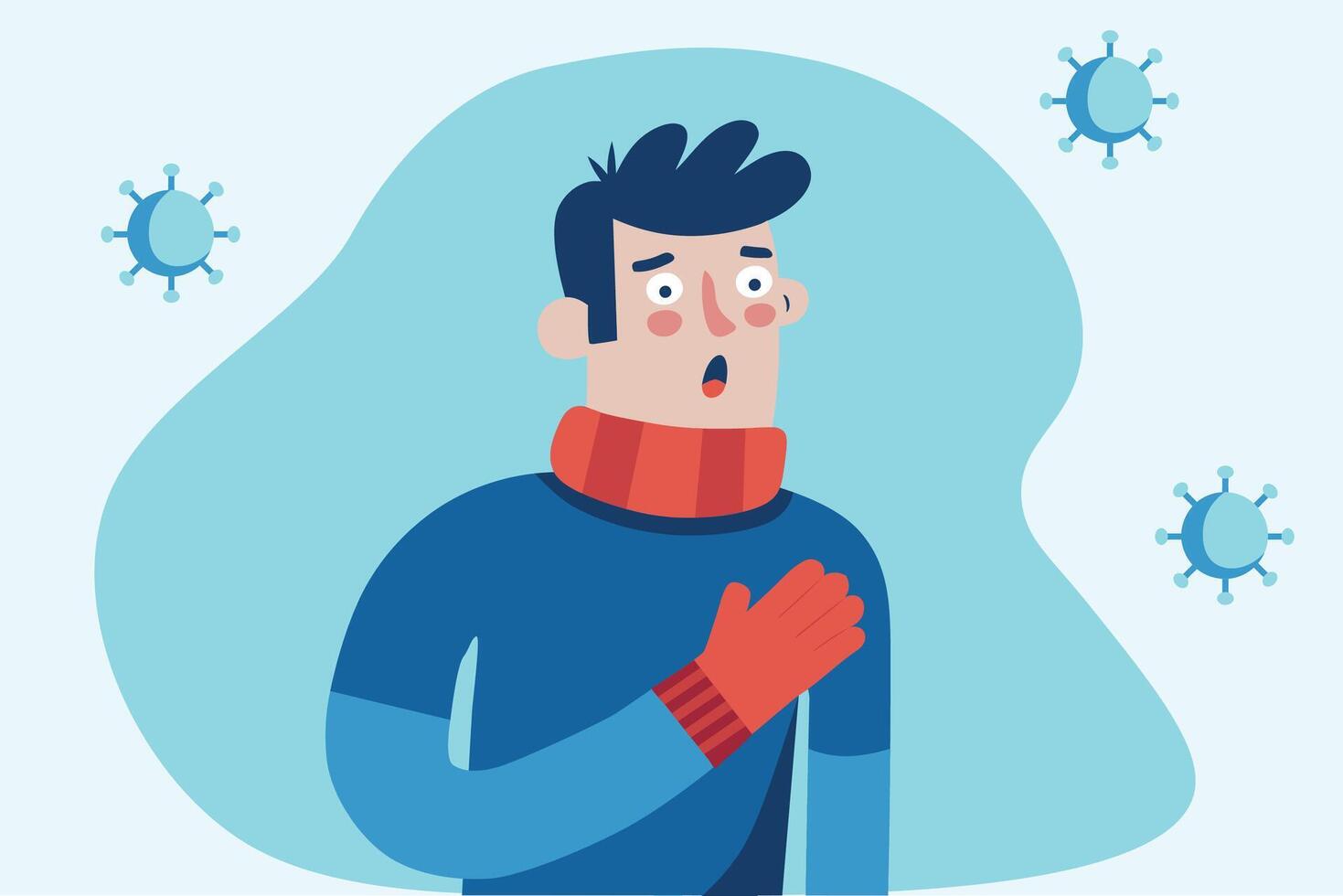 Flat character illustration of a coughing man signifying flu symptoms, with tiny viruses floating around him vector