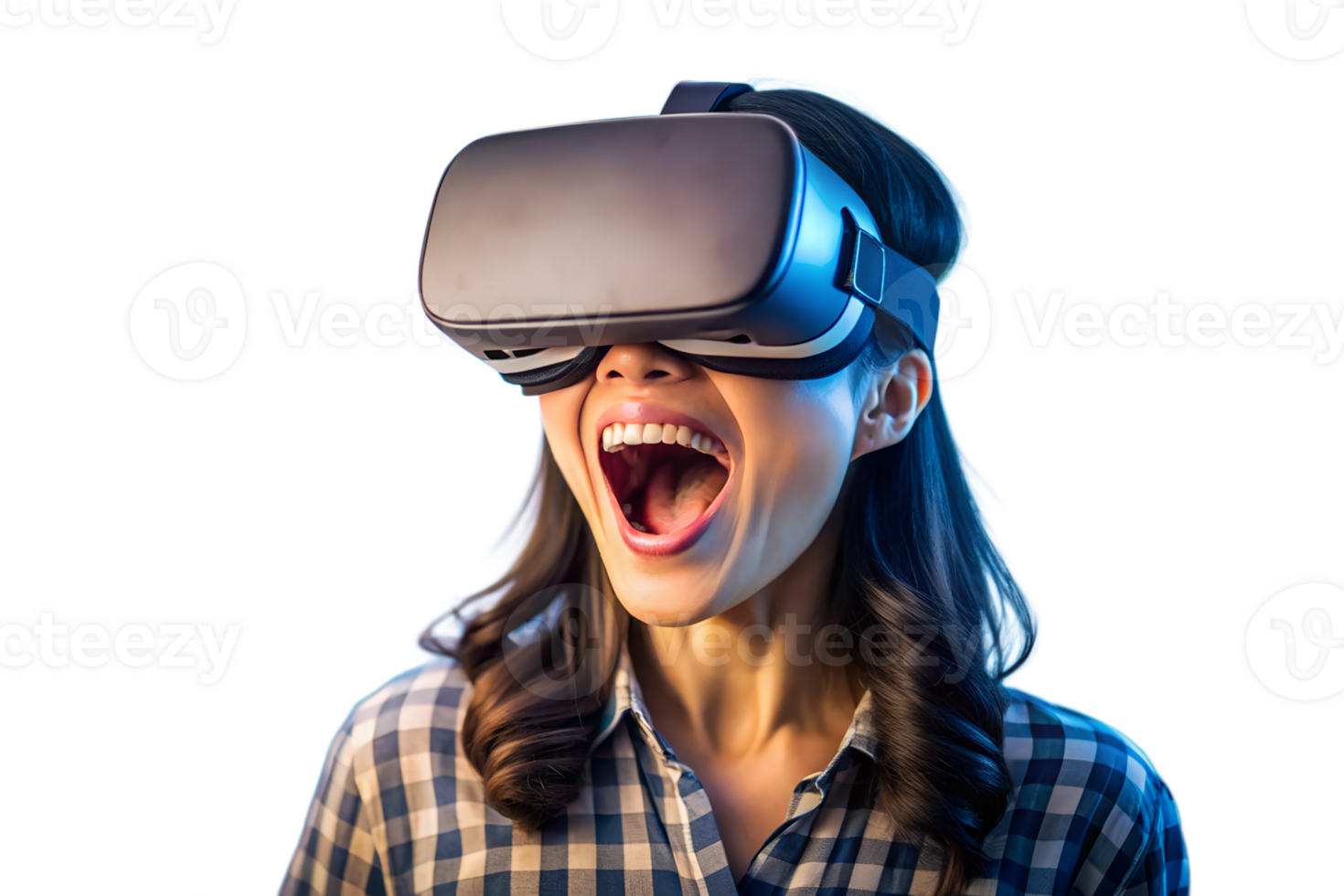 An Asian woman with VR headset using with a funny and excited expression png