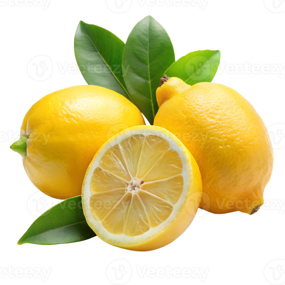 Whole lemon and leaf stems and halves isolate on transparency background png