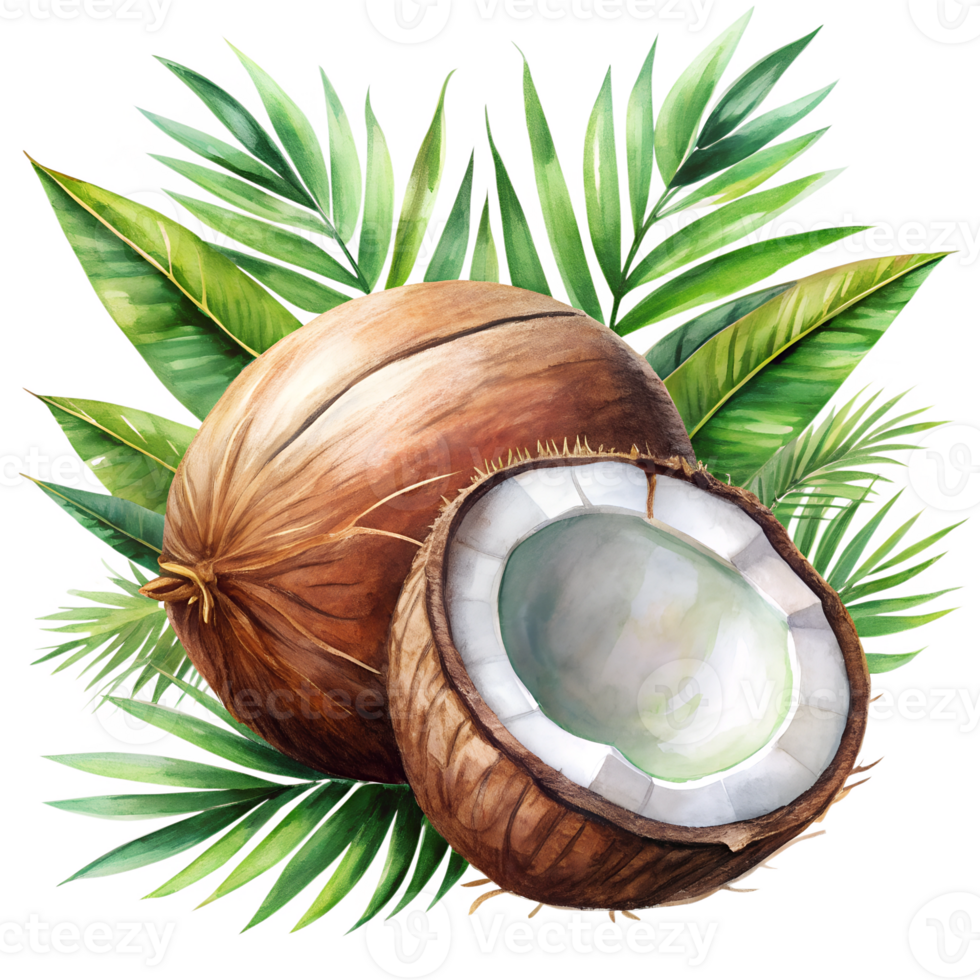Watercolor hand drawn coconut with leaves stems isolate on transparency background png