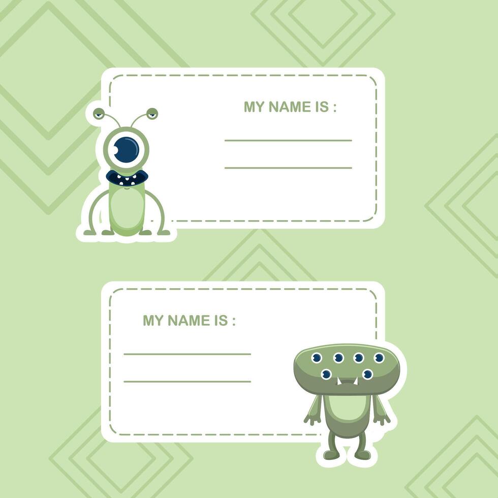 Name Tag with Green Funny Monster Character with Friendly Face vector