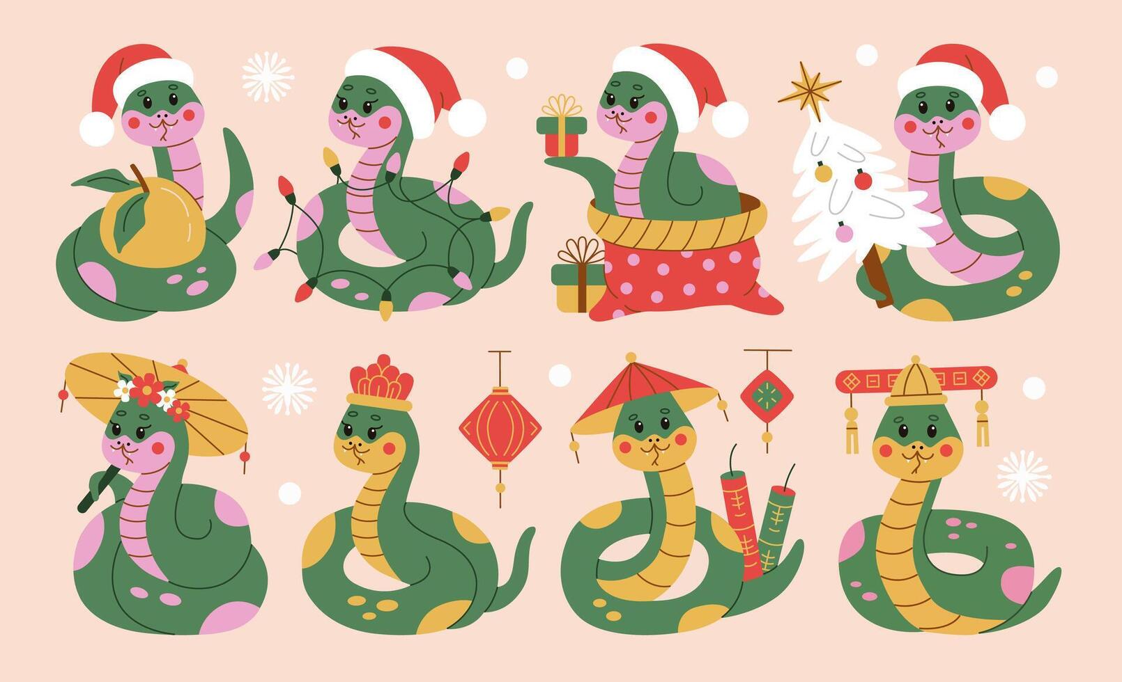 A vibrant collection of flat style snake illustrations celebrating 2025 with festive and cultural elements. Perfect for holiday designs, New Year decorations, and themed projects. vector