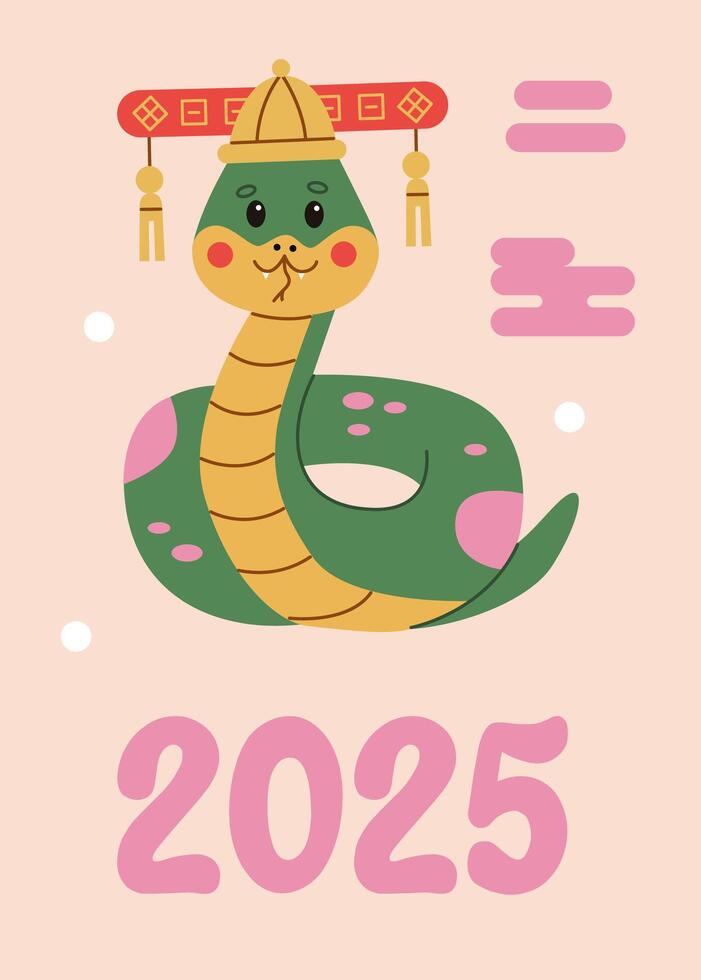 Cute snake in traditional Chinese hat celebrating 2025, the year of the snake. Simple and playful flat style perfect for New Year greetings and holiday cards. vector