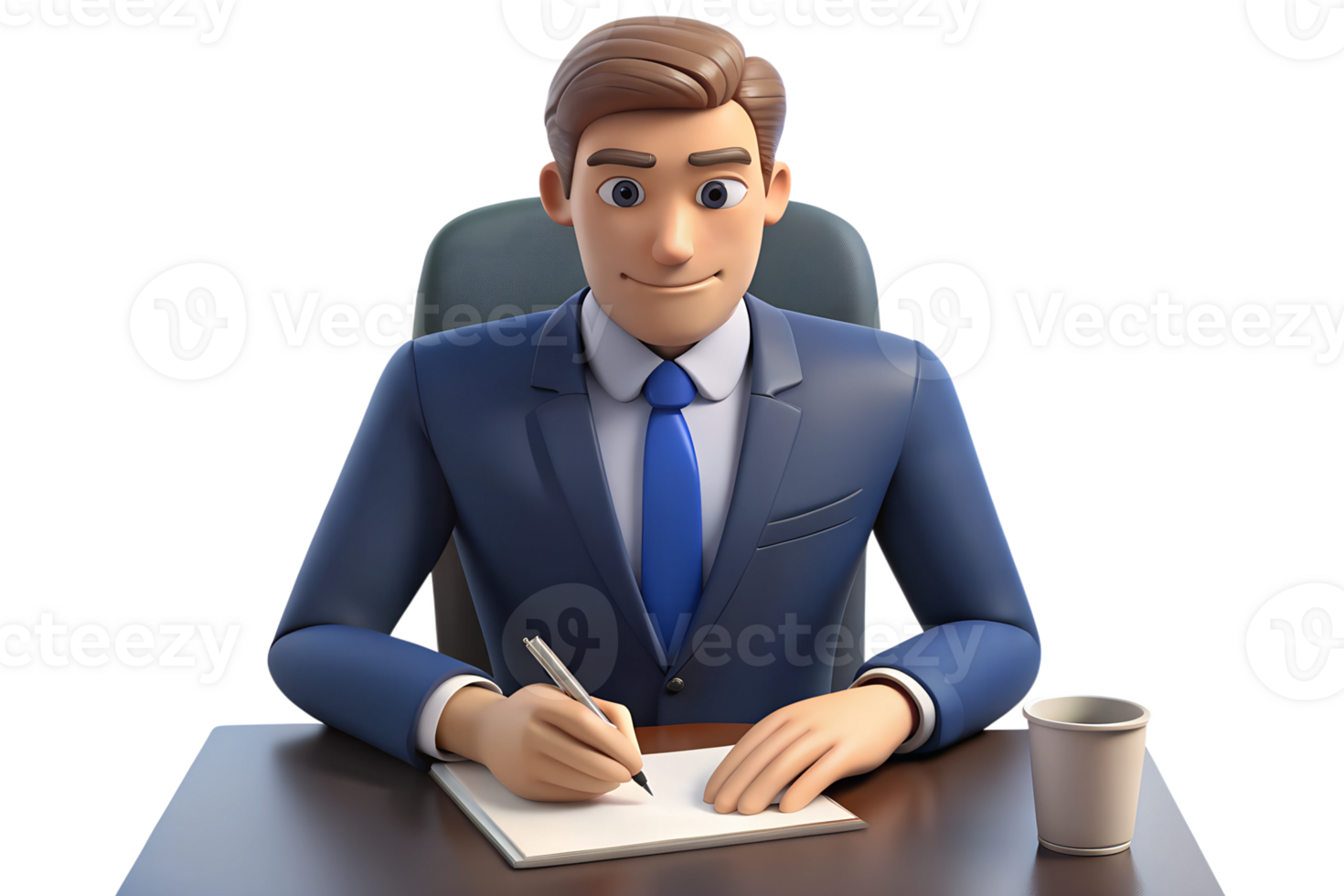 businessman sitting at desk holds pen signing contract paper png