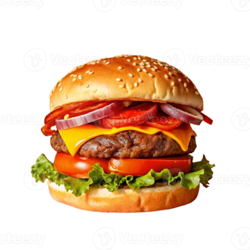 Homemade beef burger with crispy bacon and vegetables png