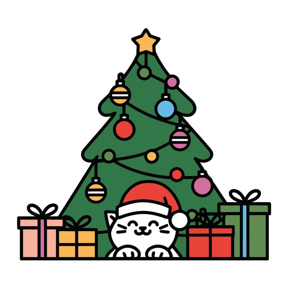 Christmas tree with gifts and cat wearing santa hat illustration vector