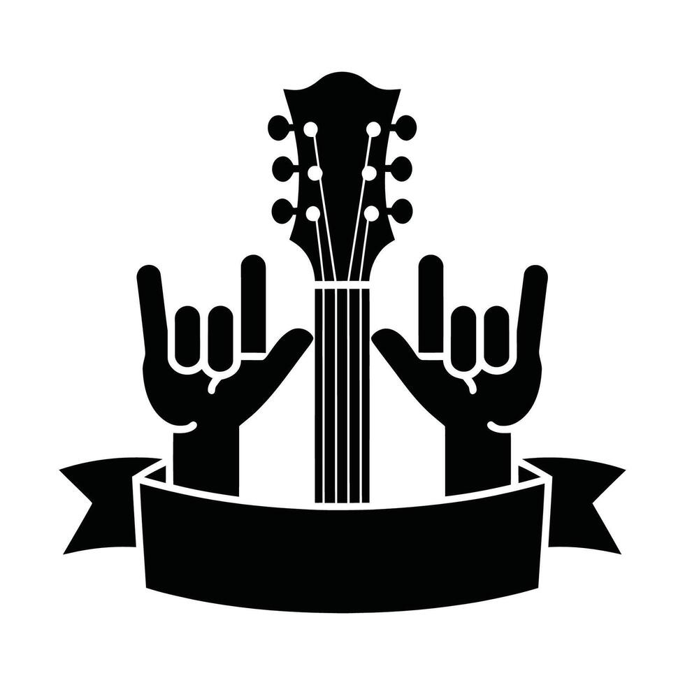 Rock and roll guitar with hand gesture badge illustration vector