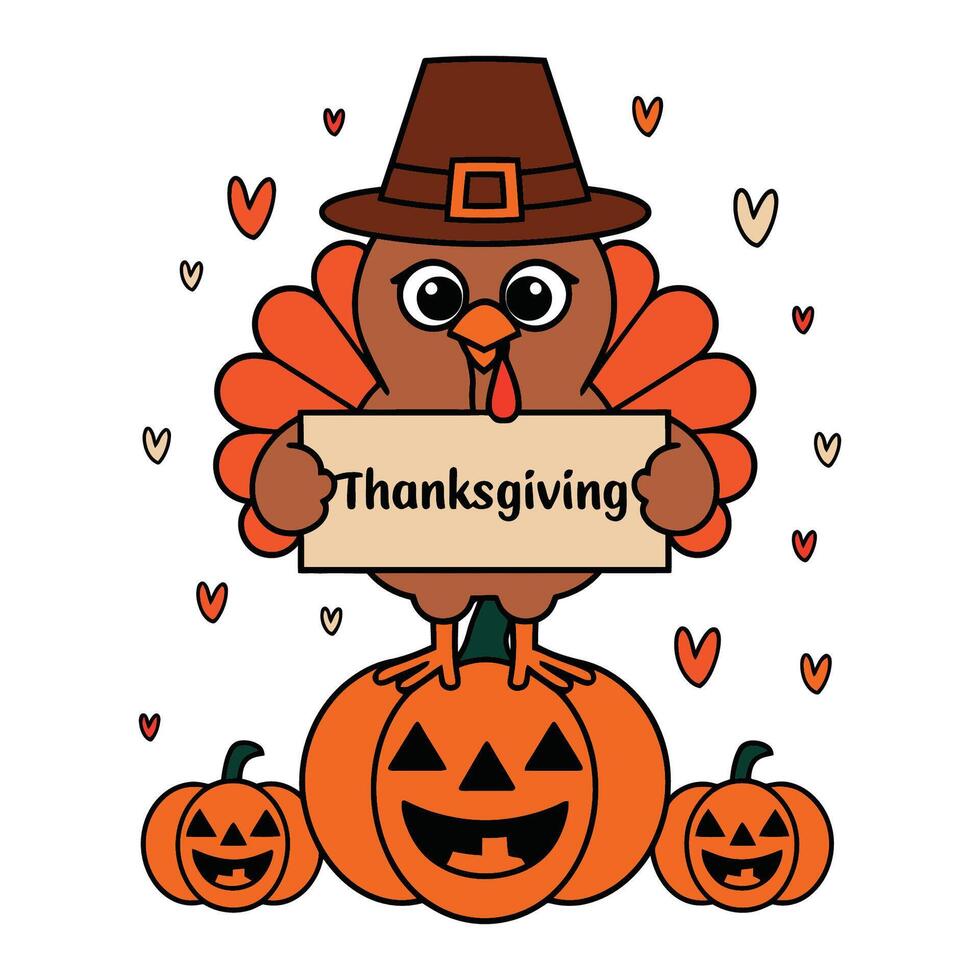 Thanksgiving turkey holding sign with pumpkins illustration vector
