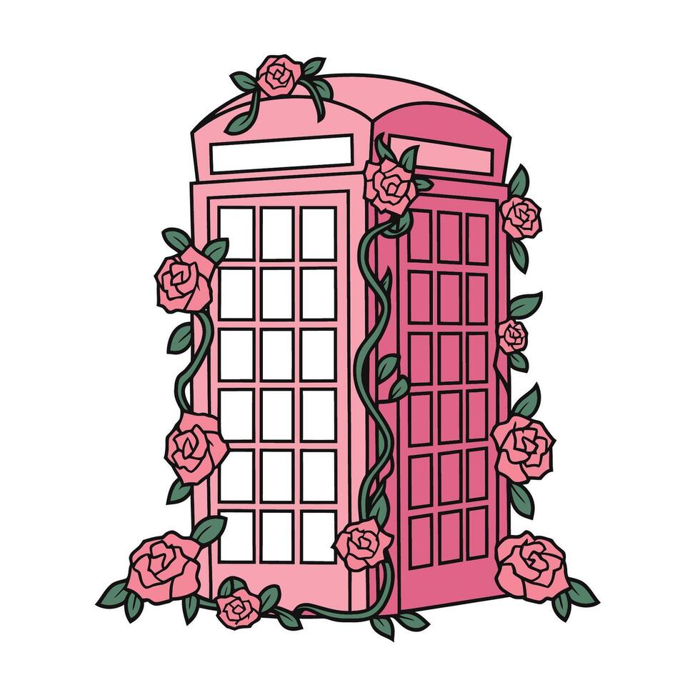 Pink retro telephone booth with roses illustration vector