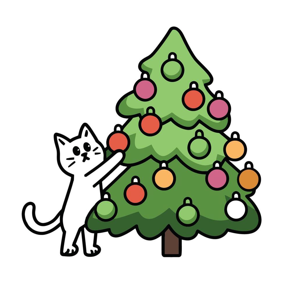 Cat decorating christmas tree with ornaments illustration vector