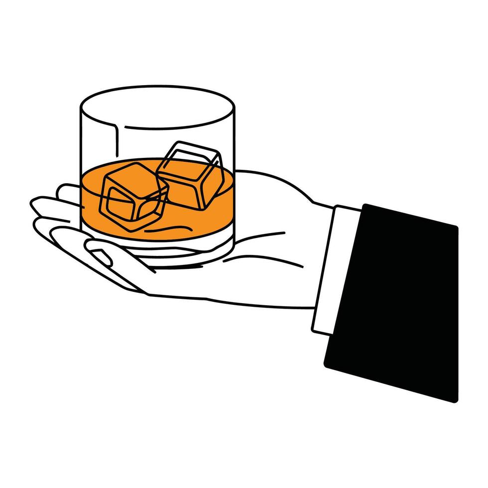 Hand holding whiskey glass with ice cubes illustration vector