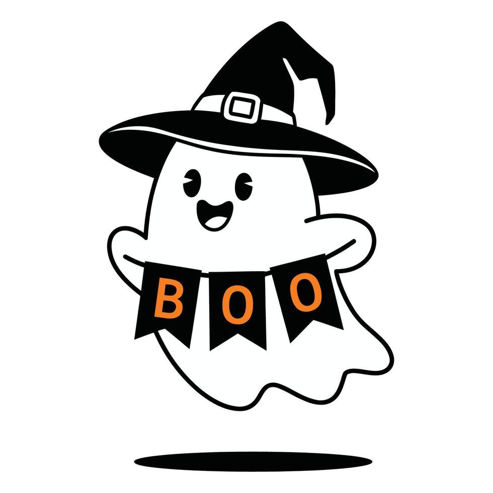 Friendly Ghost Wearing a Witch Hat with Boo Banner Illustration vector