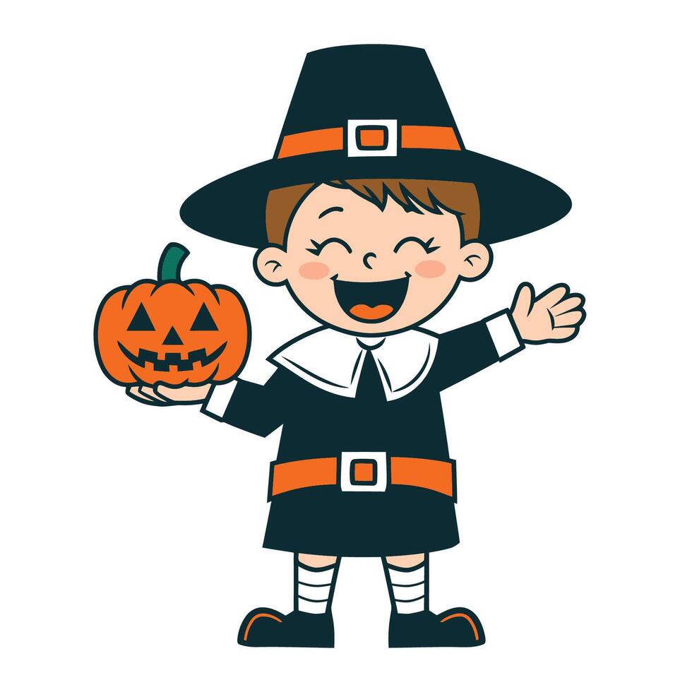 Happy child in witch costume holding jack-o-lantern cartoon illustration vector