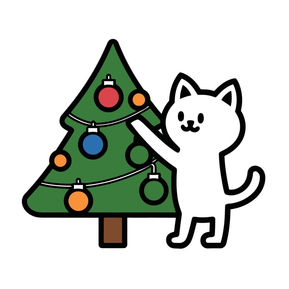 Cute white cat decorating a festive Christmas tree illustration vector
