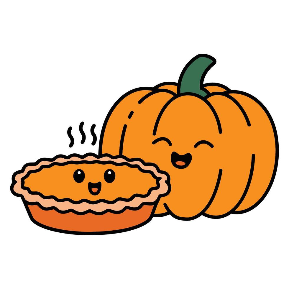Cute Cartoon Pumpkin and Pie Illustration with Smiling Faces vector
