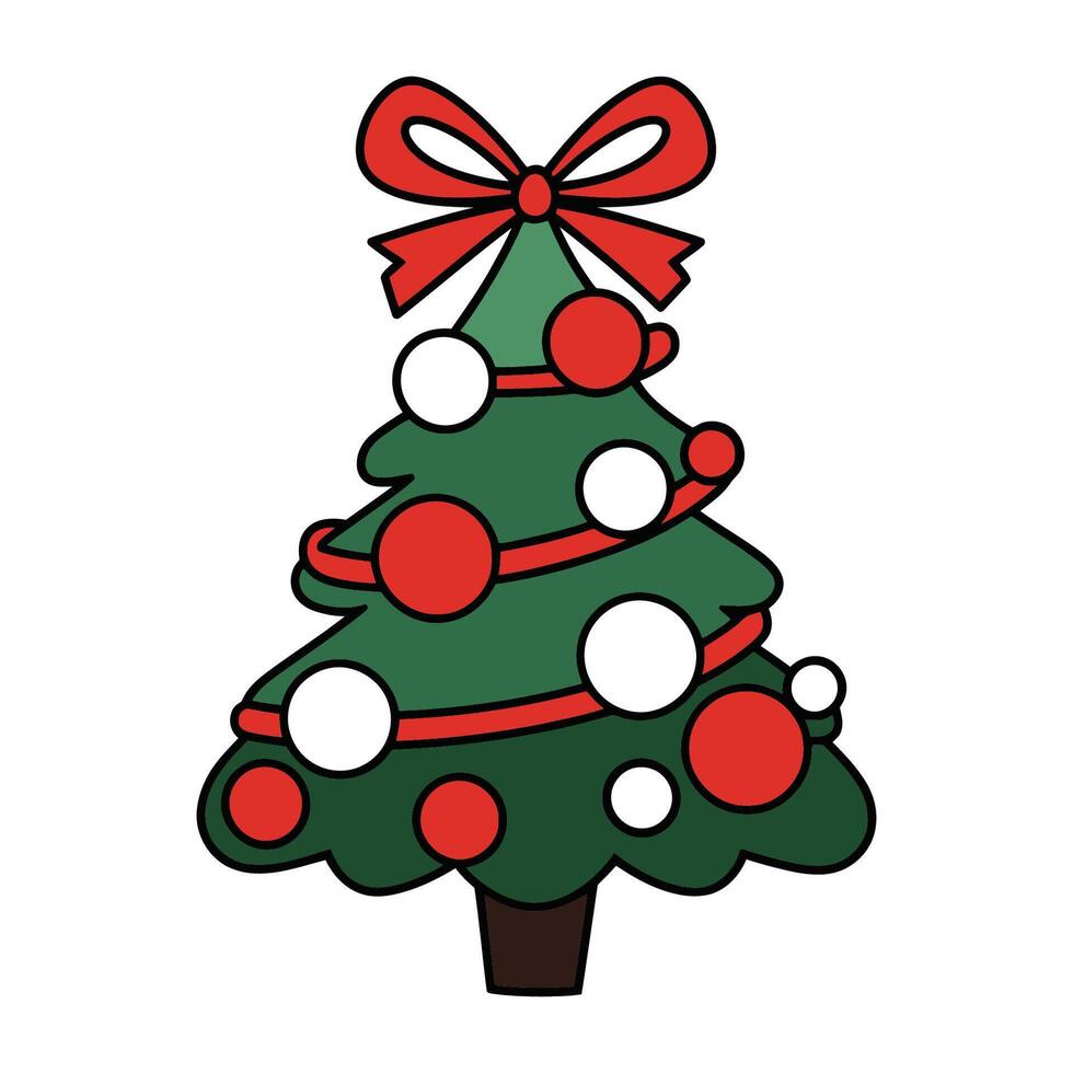 Festive Christmas Tree Adorned with Red Ornaments and Bow Illustration vector