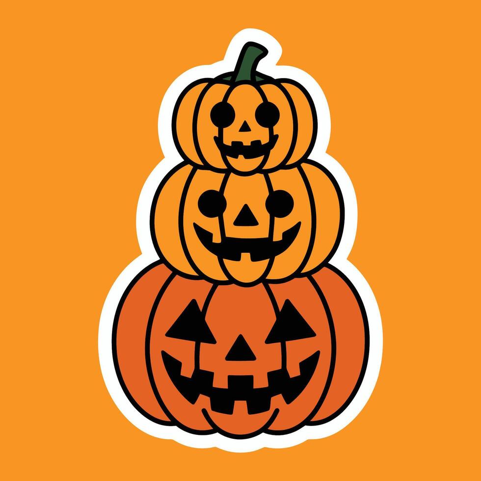 A sticker of three pumpkins on an orange background vector