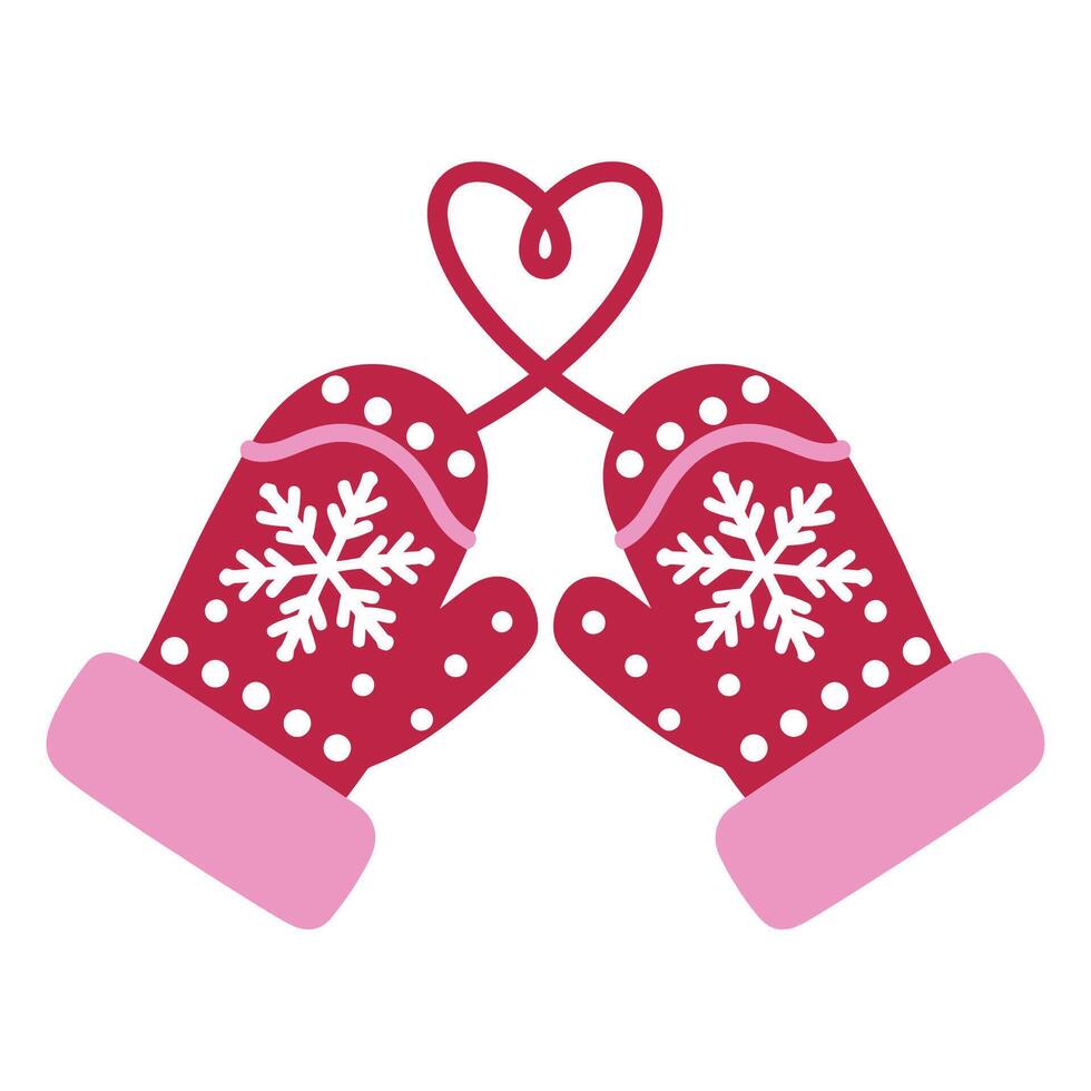 Pair of Red Pink Winter Mittens with Snowflake Design vector