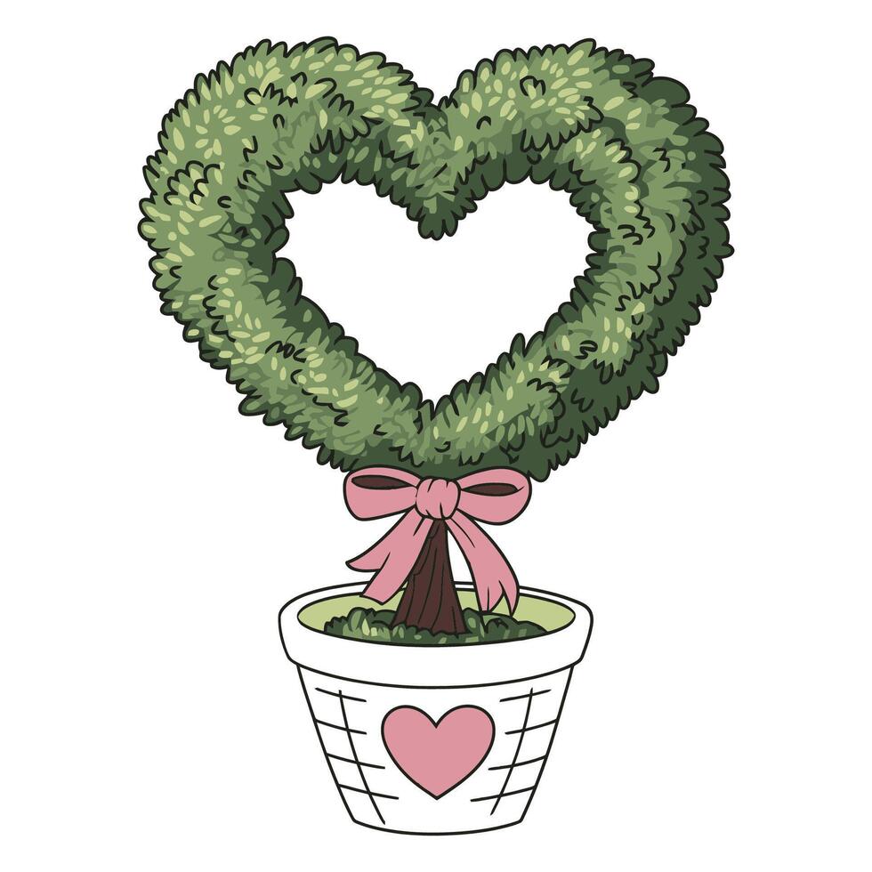 Heart-shaped Topiary with Pink Bow in a Decorative Pot Illustration vector