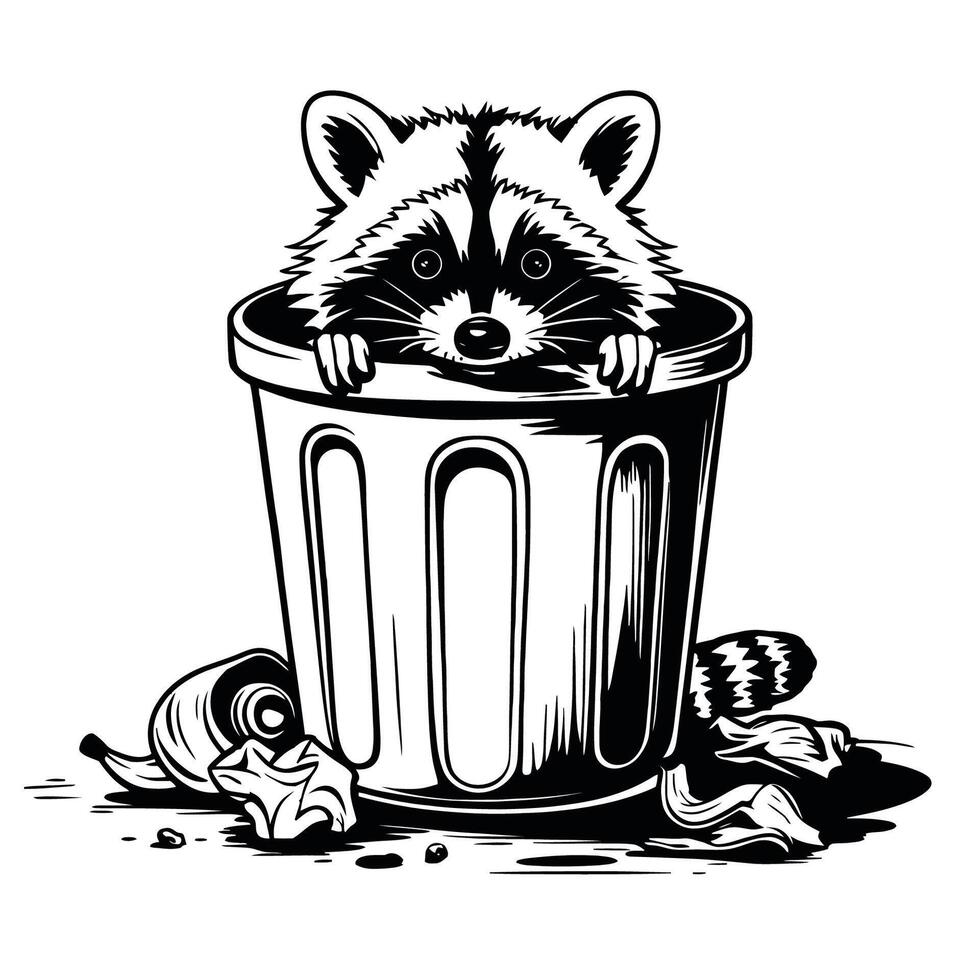 A raccoon in a trash can with trash and other items vector