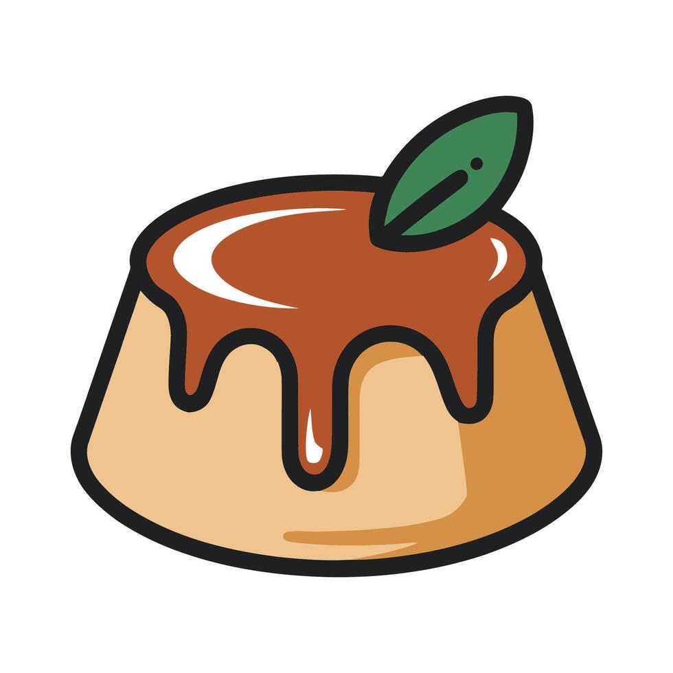 Delicious homemade pudding with chocolate glaze and leaf icon vector