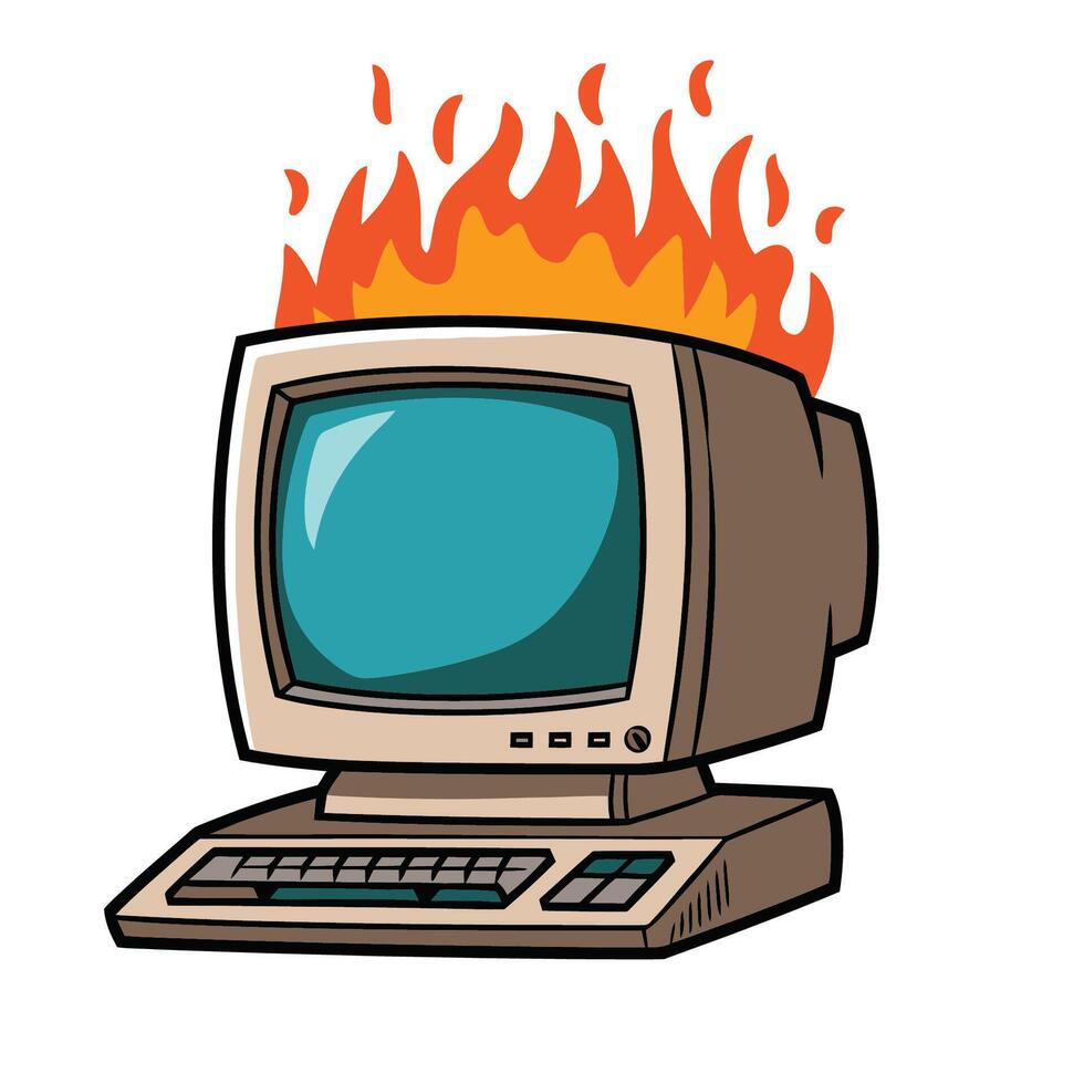 Vintage Computer Overheating with Flames Illustration vector