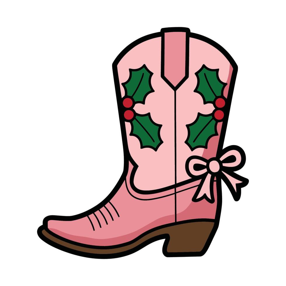 Festive Pink Cowboy Boot with Holly and Bow Illustration vector