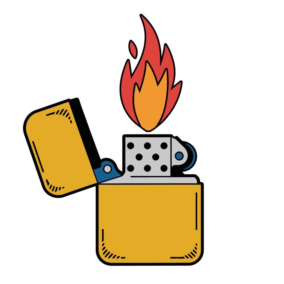 Vintage Flip-Top Lighter with Fiery Flame Illustration vector