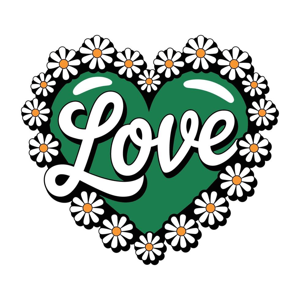 Romantic Green Heart Love and Daisy Flower Illustration vector