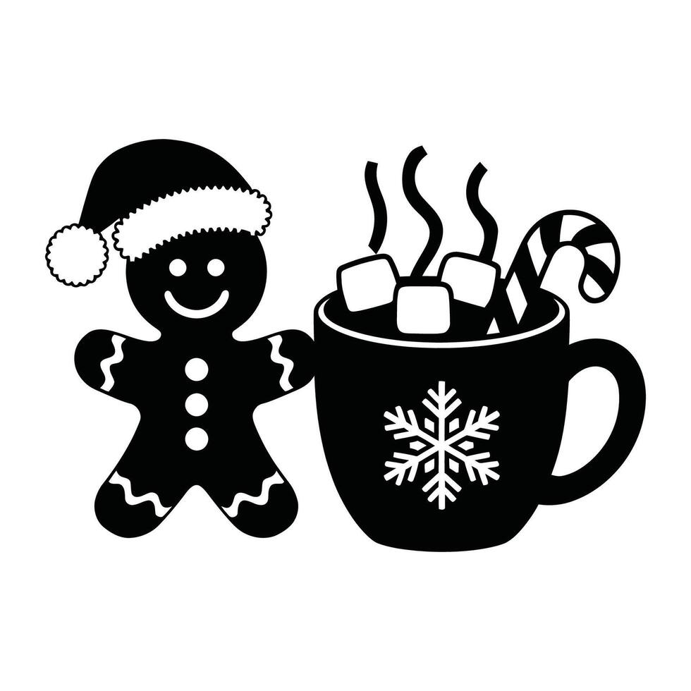 Gingerbread man with hot cocoa and candy cane illustration vector