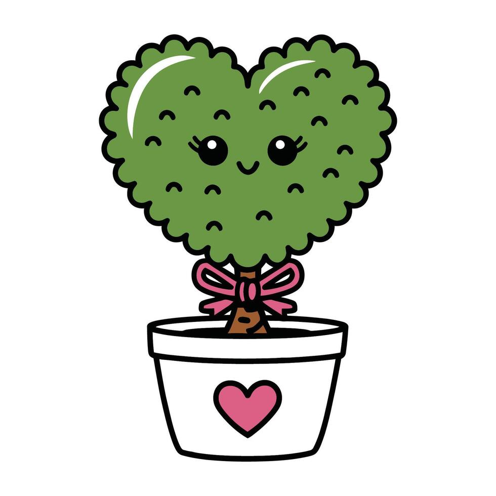 Heart-Shaped Plant in Pot with Smiling Face and Bow Illustration vector