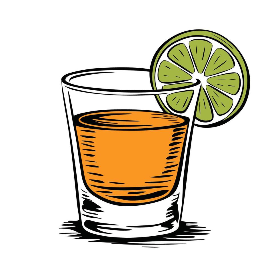 Tequila shot with lime slice illustration vector