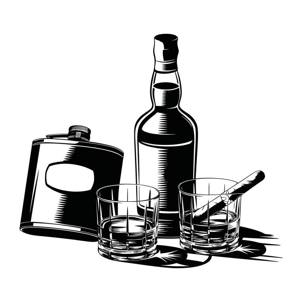 Whiskey Bottle, Flask, Glasses, and Cigar Vintage Illustration vector