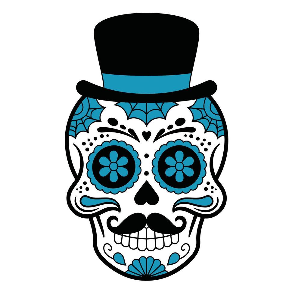 Sugar skull with top hat day of the dead illustration vector