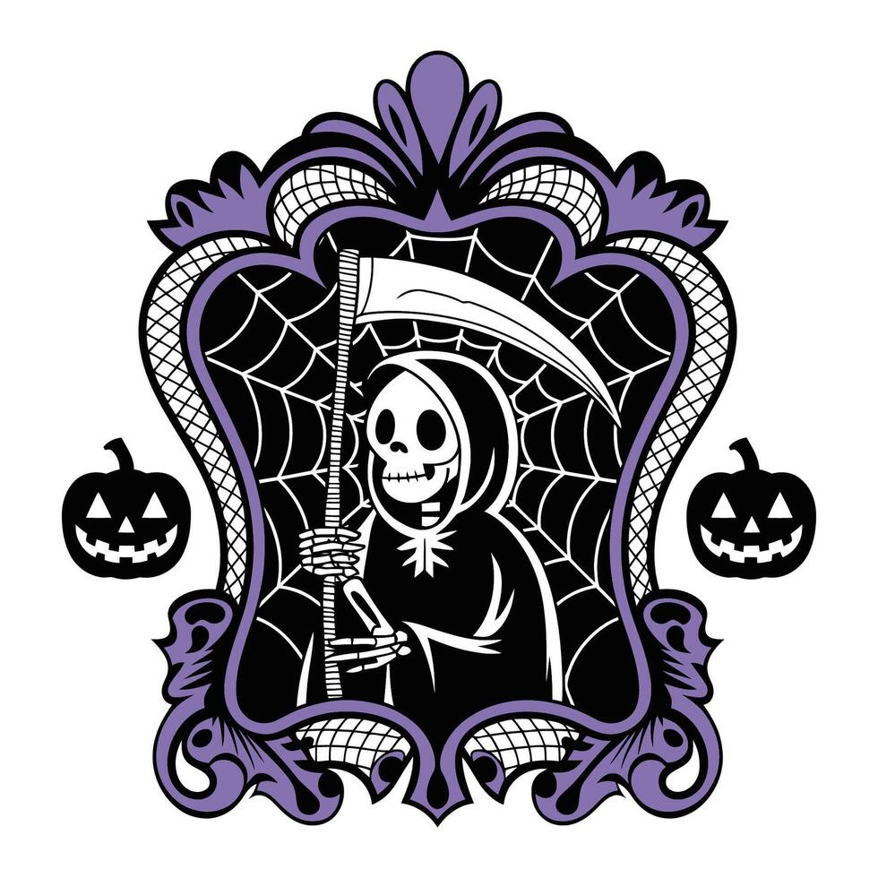 Grim reaper holding scythe with spiderweb frame and pumpkins illustration vector