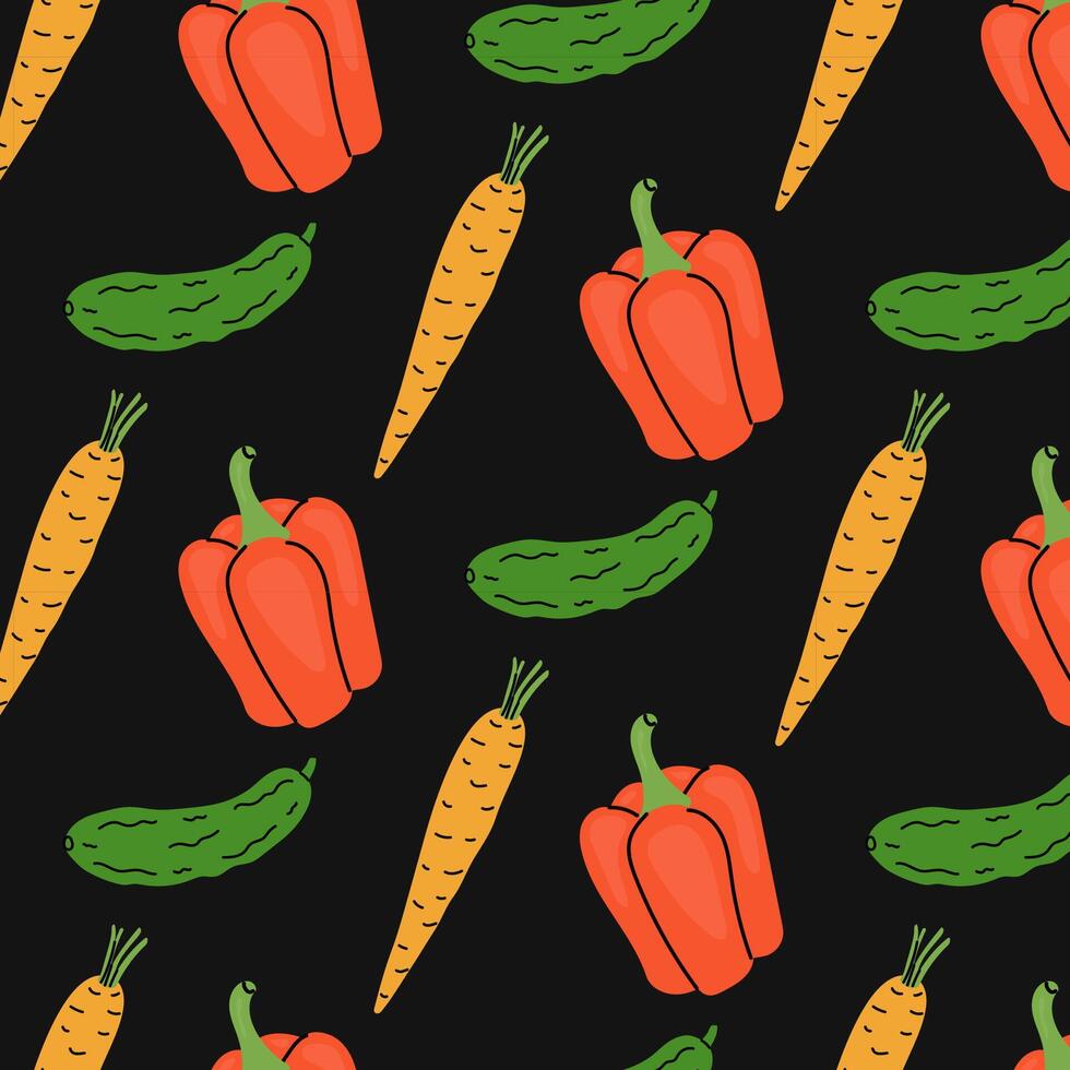 Colorful pattern of carrots, peppers, and cucumbers on a dark background vector