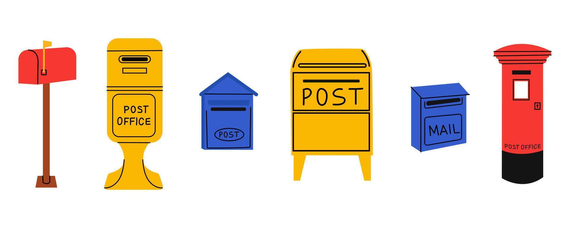 Bright red post office mailbox standing alone on a sidewalk in an urban area during daytime vector